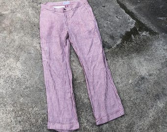 Vintage Agnes B Fashion Designer Gestreepte Linnen Casual Broek Voor Dames Kastanjebruin Witte Kleur Maat 30 Inch
