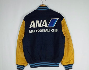Vintage Ana Football Club Big Spellout Sleeves Leather Heavy Wool Varsity Jacket Sportswear Blue Yellow Colour Small Size