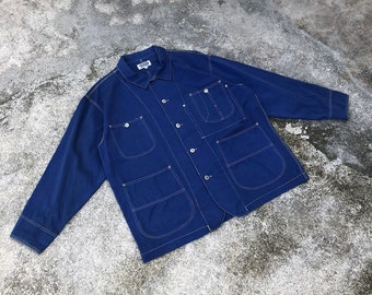 Vintage Burgh Scott met vier zakken, knopen, kraag, werkjack, werkkleding, werkkledingstijlen in blauwe kleur in middelgrote tot grote maat