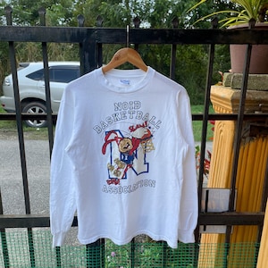 Vintage 80s NOID Basketball Association Slam Cartoon Logo Promo Sportswear Longsleeves Tee White Colour Medium Size