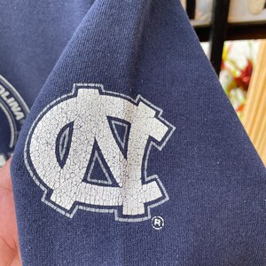 May include: Close-up of a navy blue sweatshirt sleeve featuring a distressed white logo. The logo is a stylized letter "N" and "C" with a registered trademark symbol. The fabric has a slightly worn appearance.