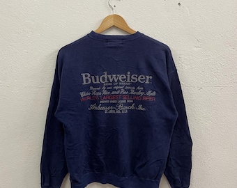 Vintage Budweiser Big Logo Spellout Budweiser Drinking Crewneck Pullover Jumper Sweatshirts Faded Blue Colour Small Size