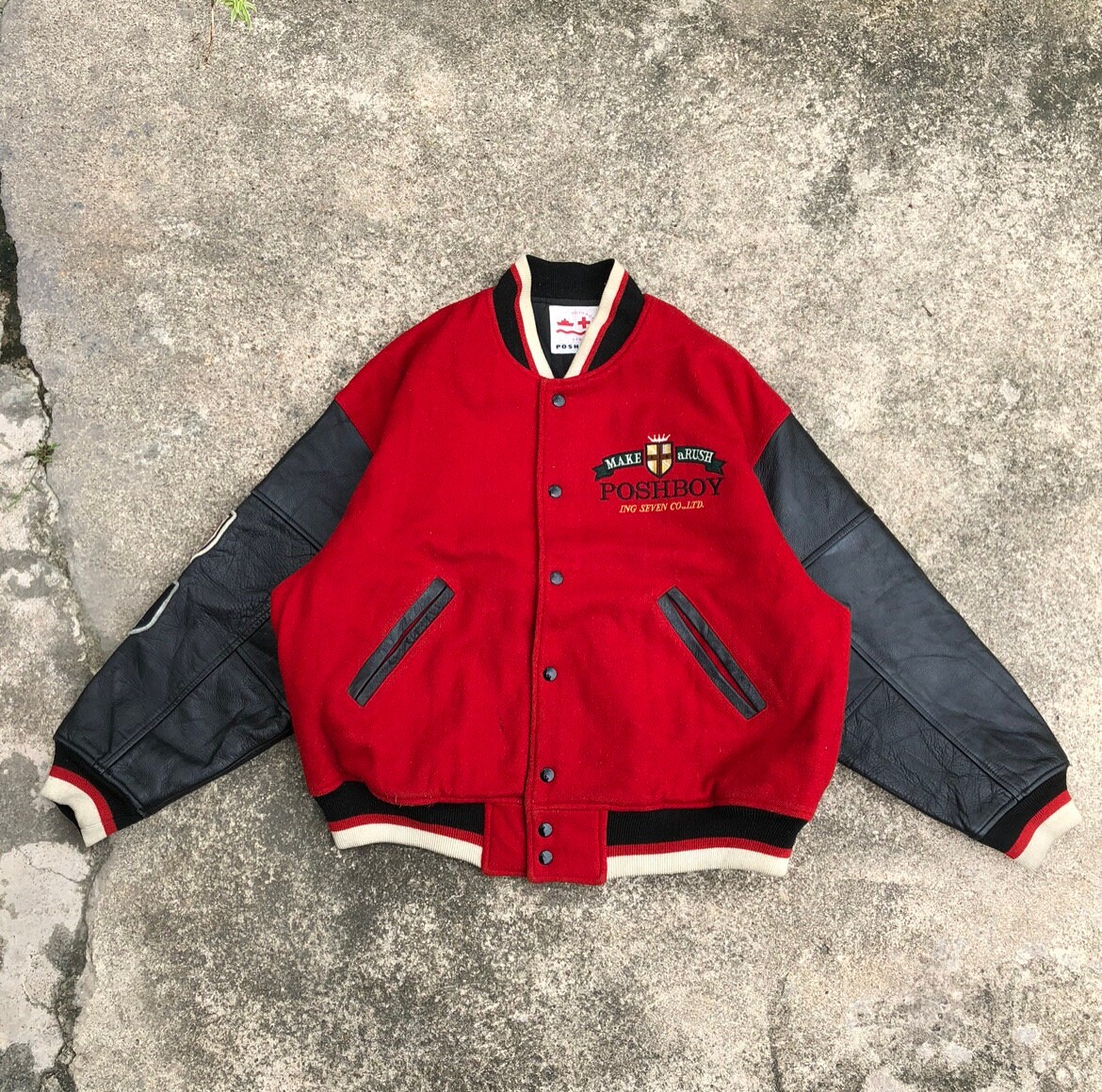 ジャケット・アウター 80s poshboy versity jacket Vintage Posh Boy 5th Anniversary Embroidered Big Logo