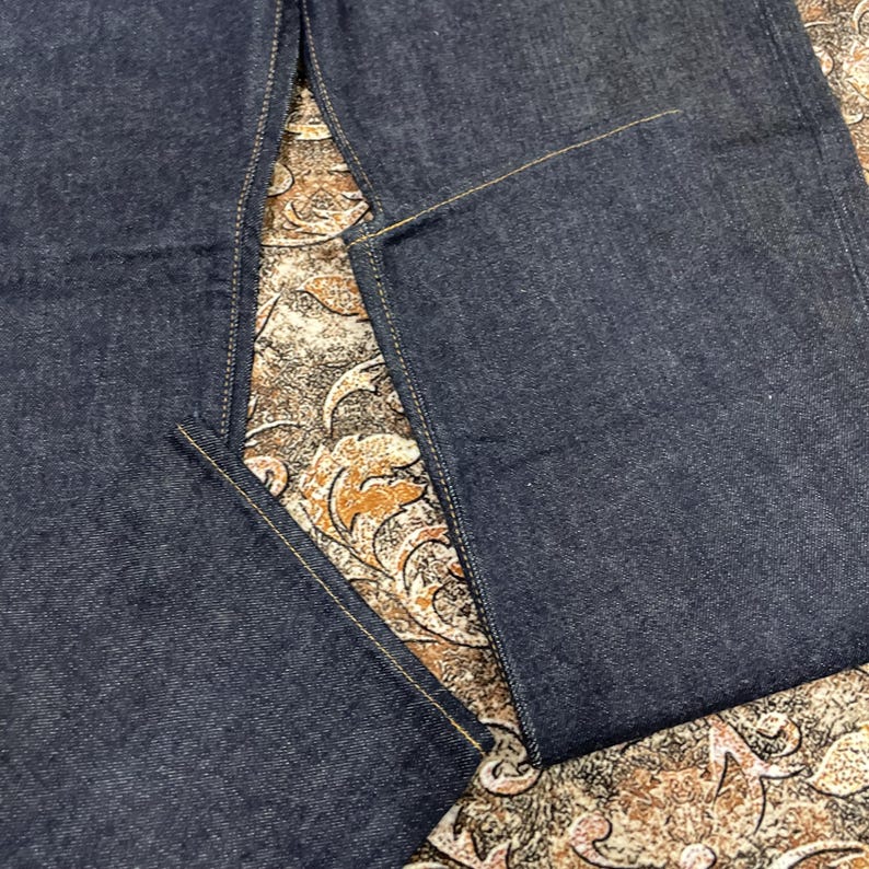 May include: Close-up of dark blue denim jeans. The jeans have a classic five-pocket design with visible stitching in a contrasting yellow-tan color. The fabric appears to be a sturdy, durable denim.
