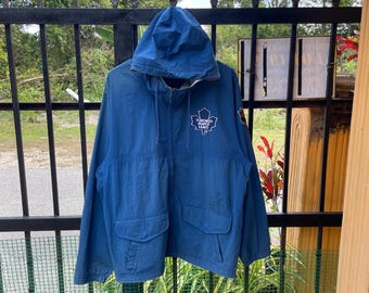 Vintage Starter Toronto Maple Leafs Embroidered Big Spellout Starter NHL Full Zipper Hooded Windbreaker Light Jacket Blue Colour Medium Size