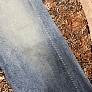 May include: Close-up of light blue denim jeans. The jeans have a faded appearance with a lighter wash in the center. A vertical seam runs down the side. The jeans are slightly wrinkled.