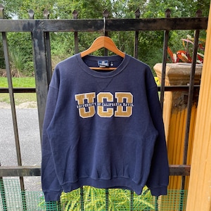 Vintage UCD University California Davis Embroidered Big Spellout Crewneck Pullover Jumper Sweatshirts Faded Blue Colour Medium Size