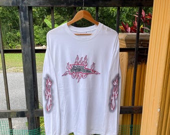 Vintage No Fear Big Logo Spellout No Fear Skateboard No Fear Skate Wear Flame Design Long Sleeves Tee White Colour XL Size