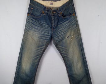 Vintage Edwin E8003 Stoned Washed Ripped Distress Denim Jeans Gerade Regular Men Jeans Blue Wash Farbe Größe 34 Zoll