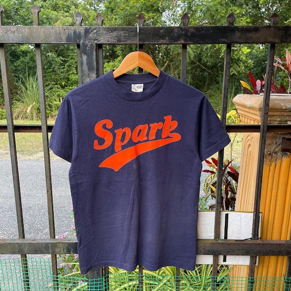 Vintage 90s Spark Big Logo Spellout / Spark Skateboard / Spark USA Made Skate Wear Tee / Spark Skate Fashion Tee Blue Colour Medium Size
