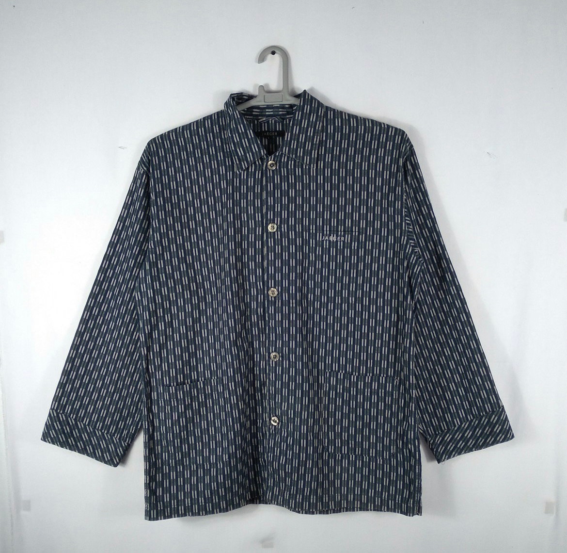 Jaeger, Vintage Jaeger Three Pockets Stripes Worker Workwear Styles Collared Polos Button Up Chore Jacket Blue Colour Medium Size