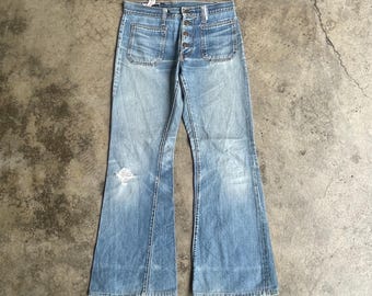 Vintage 80s Edwin Stoned Washed Design Edwin Western Wear Styles Ripped Distress Flare Denim Jeans Blue Wash Colour Size 30 Inches