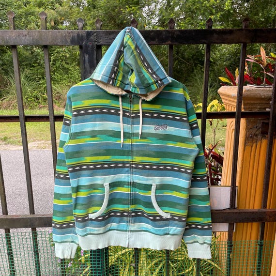 Billabong, Vintage Billabong Embroidered Mini Spellout Multicolour Striped Native Surf Skate Full Zipper Pullover Hoodie Medium Size