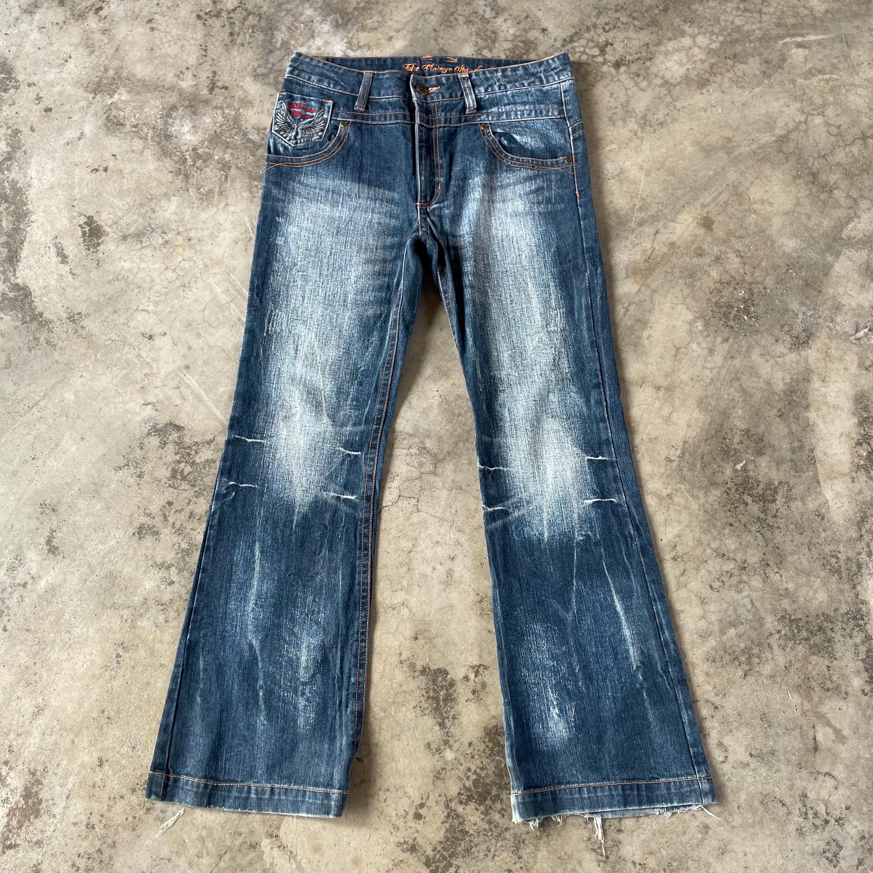 Vintage Heaven Winger Stoned Washed Distress Flare Denim