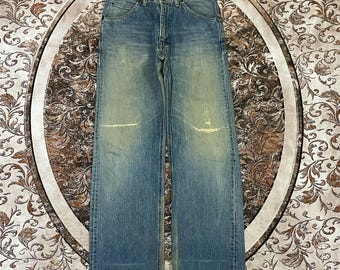 Rare !!! Vintage 80s Lee Riders Stoned Washed Sanforized Regular Fit Ripped Distress Selvedge Denim Jeans Blue Wash Colour Size 31 Inches