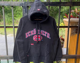 Vintage 90s Ecko Unltd Embroidered Big Logo Spellout Ecko Skateboard Pullover Sweater Hoodie Faded Black Colour Medium Size