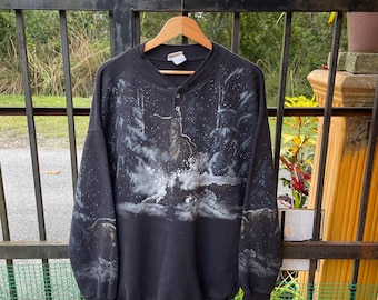 Vintage 90s Retro Graphic Of The Lone Wolf In The Cloud Winter Session Design Crewneck Pullover Sweatshirts Faded Black Colour XL Size