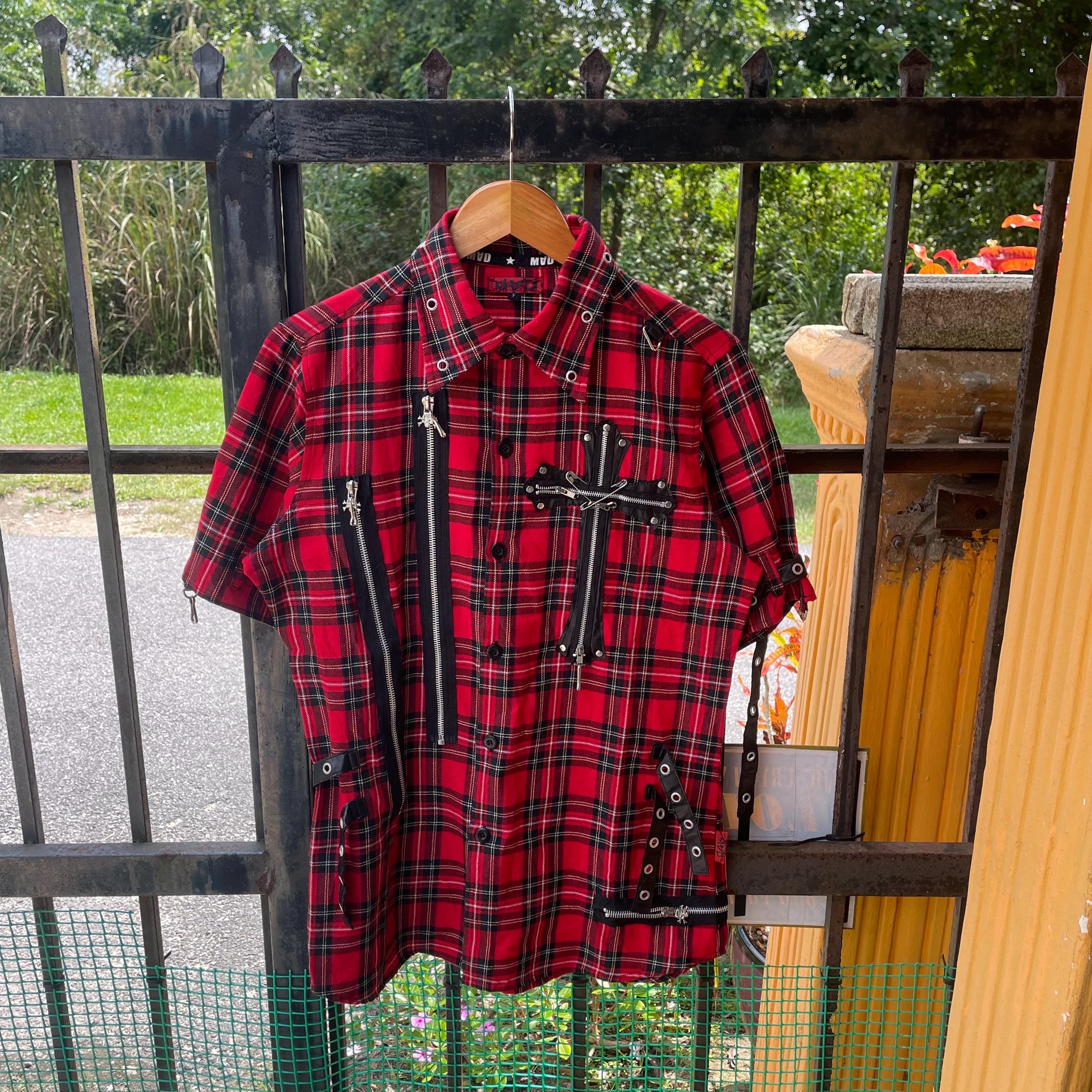 Vintage Mad Punk Japanese Brand Checkered Red Tartan Multizipper