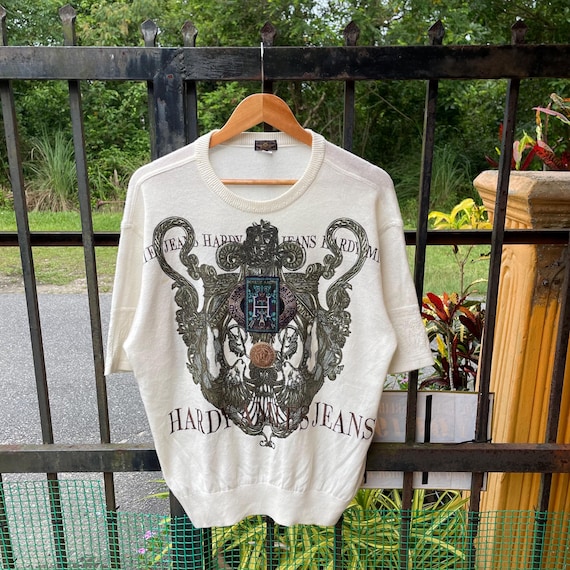 Hardy Amies, Vintage Hardy Amies Embroidered Big Spellout Hardy Amies Short Sleeves Jumper Wear White Colour Medium Size