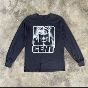 Vintage 50 Cent amerikanischen Hip Hop Rapper großes Bild Promo T-Shirt Longsleeves Tee verblasste schwarze Farbe mittlere Größe