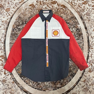 Vintage Shell Big Logo Spellout Shell Buttons Shirts Shell Uniform Staff Buttons Down Shell Work Shirts Grey Red White Colour Large Size