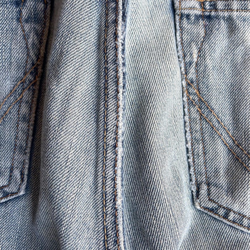 May include: Close-up of light blue denim fabric with visible stitching and pocket details. The denim has a faded appearance, with a focus on the texture and construction of the material. The stitching is in a contrasting brown colour.