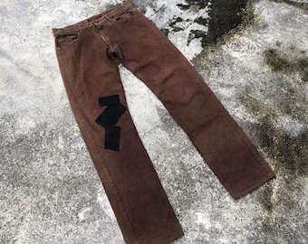 Vintage Figment Japanese Brand Made In Japan Multiples Patcworks Punk Rock Styles Distress Sun Faded Denim Jeans Brown Colour Size 32 Inches