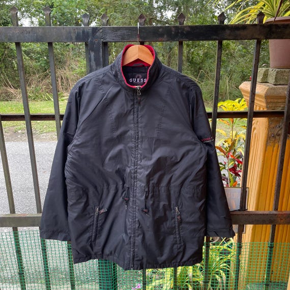 Guess, Vintage Guess Jeans Embroidered Mini Spellout Full Zipper Puffer Styles Light Jacket Guess Outwear Gear Black Colour Medium Size