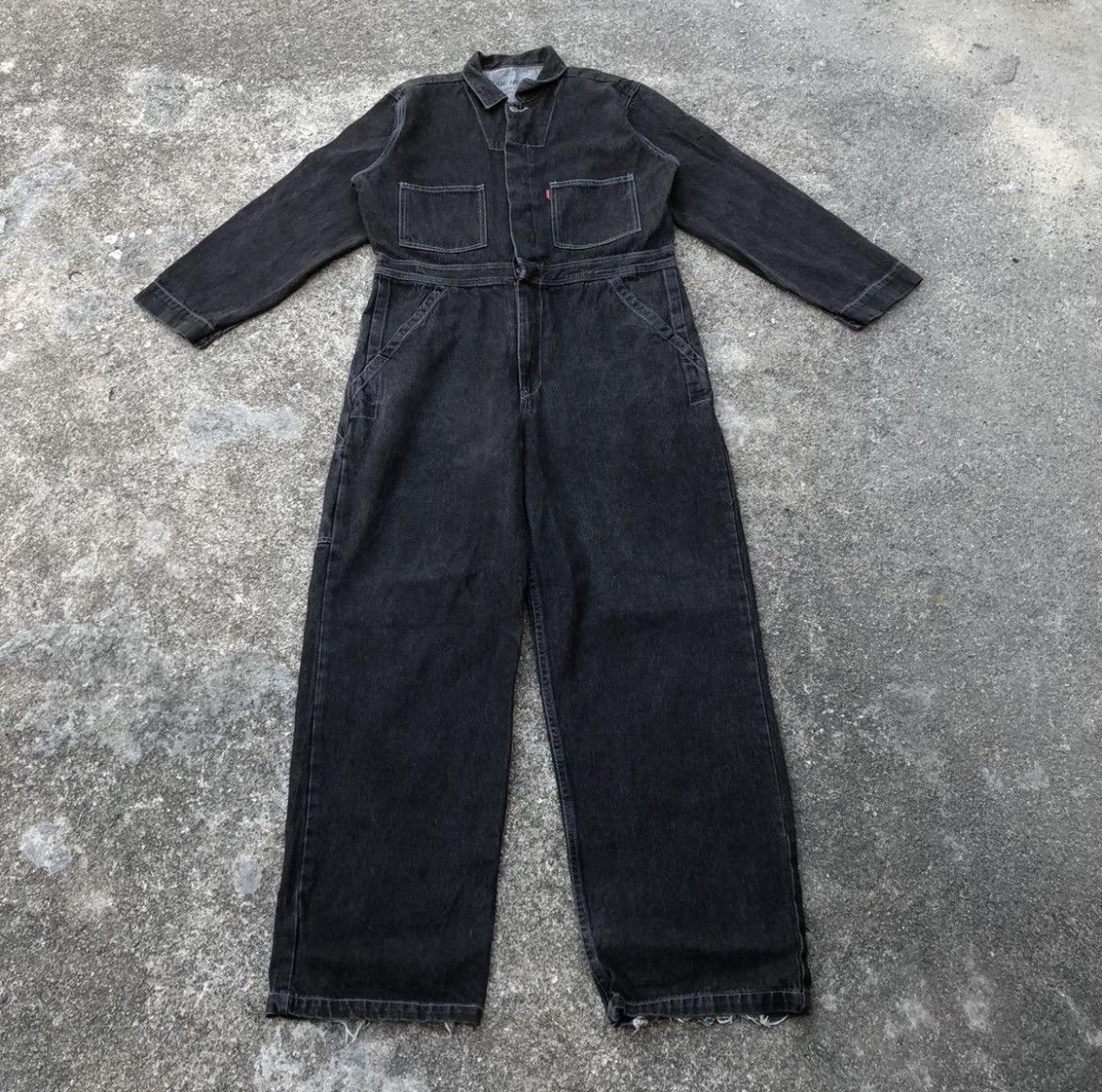 Vintage Hundehaus Zerrissene Distress Denim Arbeiter Overall Jeans Overall Stilvolle Arbeitskleidung Mechaniker Schwarz Farbe Größe 36 Zoll