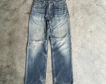 Vintage Levis 502 Stoned Washed Ripped Distress Denim Jeans Levis Straight Cut Design Blue Wash Colour Size 29 Inches
