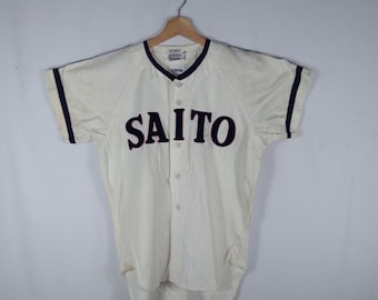 Vintage Descente SAITO Japanese Baseball Squad Full Buttons Baseball Shirts Sportswear Baseball Jersey White Colour Medium Size