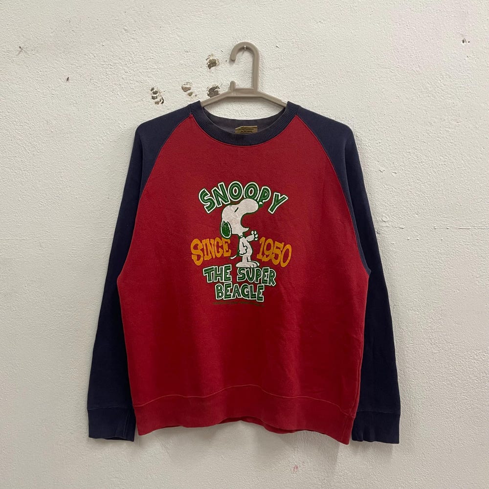 Vintage Peanuts Snoopy Double Side Printed Big Image Character Logo Crewneck Pullover Sweatshirts Faded Red Blue Colour Medium Size Shirtcanvas