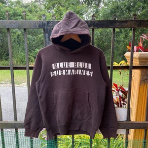 Vintage Blue Blue Japan Submarine Big Word Spellout Blue Blue Japan Pullover Sweater Hoodie Faded Black Colour Medium Size