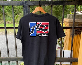 Vintage Rusty Red Blue Big Box Logo Design Rusty Surfing Skate Clothing Apparel Tee Black Colour Large Size