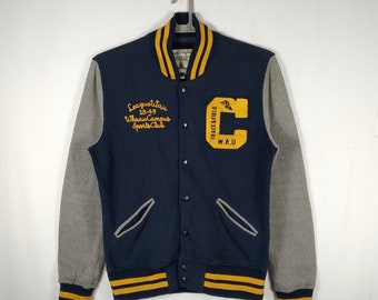 Veste universitaire universitaire de sport universitaire WHOAU vintage avec logo brodé, boutons complets, bleu moyen