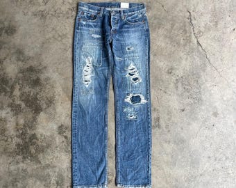 Vintage Antgauge Stoned Washed Patchworks Sashiko Pattern Styles Antgauge Ripped Distress Denim Jeans Blue Wash Colour Size 30 Inches