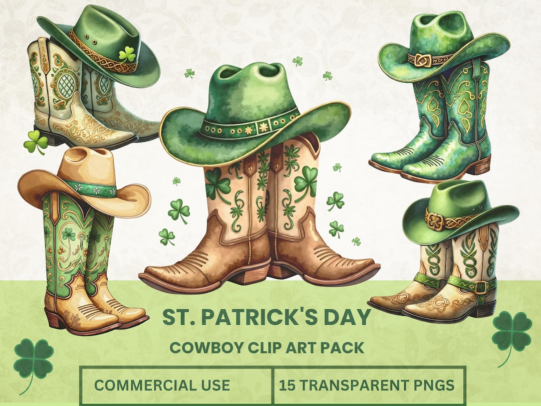 15 St. Patrick's Day Cowboy Clip Art Pack | Shamrock Boots, Hat ...