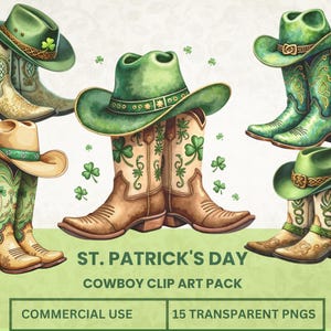 Puede incluir: Conjunto de cinco ilustraciones digitales de botas y sombreros de vaquero decorados con tréboles y detalles verdes. Las ilustraciones son perfectas para manualidades y proyectos del Día de San Patricio.