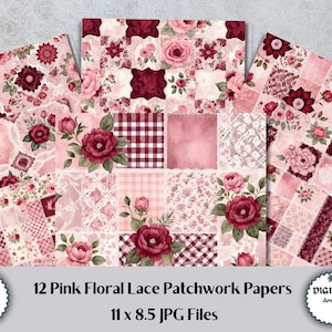 12 papéis de patchwork com renda floral rosa - Papel para scrapbook digital | Kit para impressão Shabby Chic | Pacote de papel para diário vintage Pink Junk