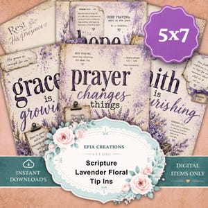May include: A collection of 5x7 inch digital scripture tip-ins featuring lavender floral illustrations and inspirational text. The designs include phrases like 'Rest in His Presence', 'grace is growing', 'prayer changes things', and 'faith is flourishing'.