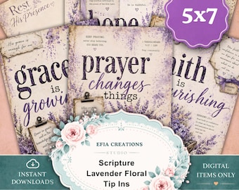 May include: A collection of 5x7 inch digital scripture tip-ins featuring lavender floral illustrations and inspirational text. The designs include phrases like 'Rest in His Presence', 'grace is growing', 'prayer changes things', and 'faith is flourishing'.
