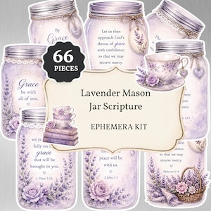 May include: A set of 66 lavender-themed ephemera pieces. The designs include mason jars, teacups, and floral arrangements with scripture quotes. The colour palette features shades of purple and white.