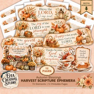 Printbare bundel met herfstteksten, 72 elementen met oogstthema, christelijke herfst-junkjournalkit, achtergrondpapier, digitale download ECS017