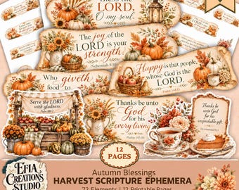 Autumn Scripture Printable Bundle, 72 Harvest Bible Verse Elements, Christian Fall Junk Journal Kit,  Backing Papers Digital Download ECS017