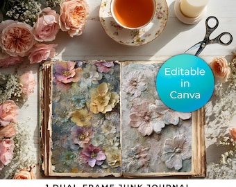 May include: An open junk journal mockup with floral embellishments. A teacup, scissors, and a candle are arranged on a white wooden surface. The journal has a blue circle with the text "Editable in Canva".
