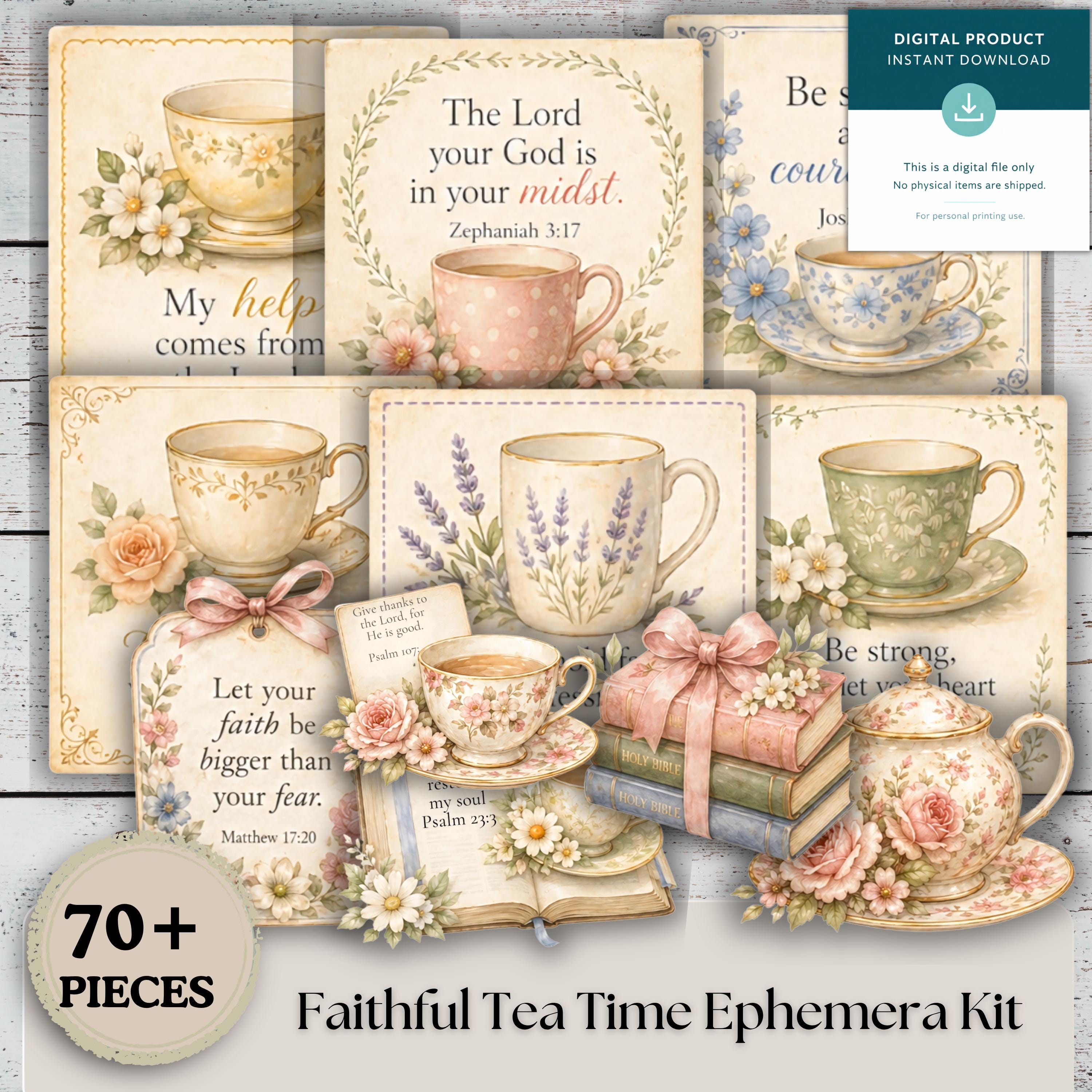 Scripture Tea Cups Faithful Tea Time Ephemera Kit, Christian Scripture Cards, Vintage ...