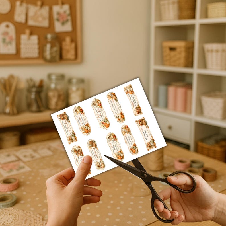 May include: A white sheet of paper featuring eight rectangular stickers with autumn-themed illustrations of pumpkins, sunflowers, and wheat, each containing printed text. A pair of black scissors is positioned to cut one of the stickers.