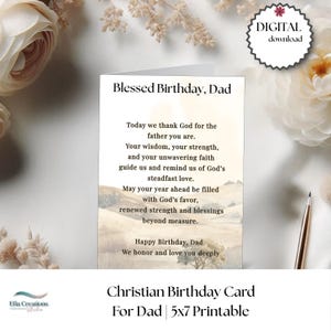 Puede incluir: Una tarjeta de cumpleaños cristiana imprimible para papá, con el texto "Blessed Birthday, Dad" y un mensaje sincero. La tarjeta tiene una imagen de paisaje de un campo y una insignia de descarga digital. La tarjeta mide 12,7 x 17,8 cm.