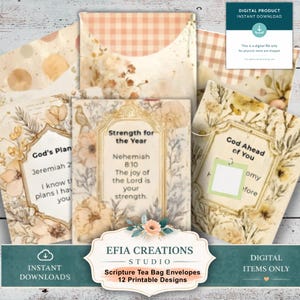 christliche Schrift Teebeutel Umschläge druckbare Blumen Bibel Vers Journaling Taschen Glaube Kit 12 Designs 8.5x11 PDF, JPG & Trägerpapiere