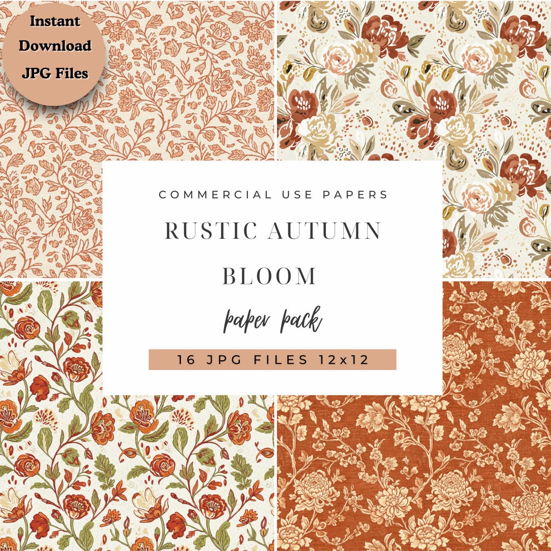 Rustic Autumn Floral Digital Paper Pack 12x12 Inch Seamless Vintage ...